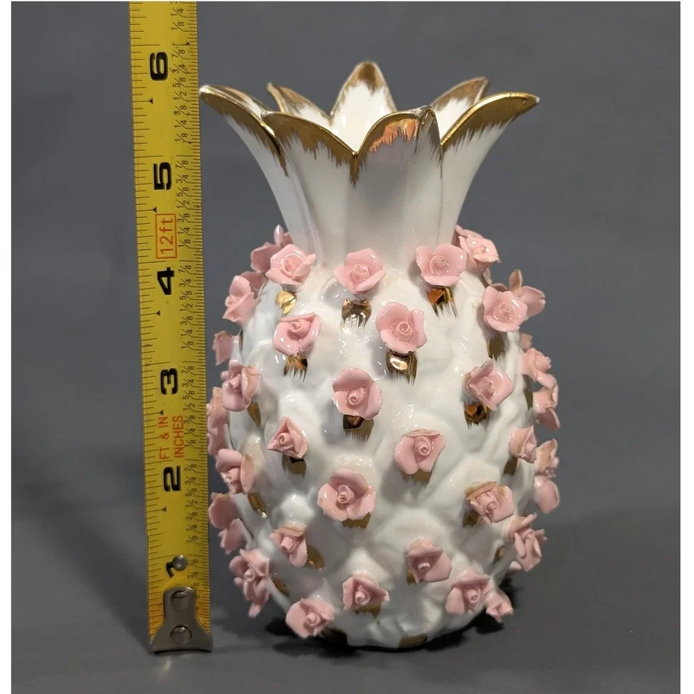 Lefton China K7233 Pineapple Vase Pink Applied Roses Gold Trim Porcelain 5.5